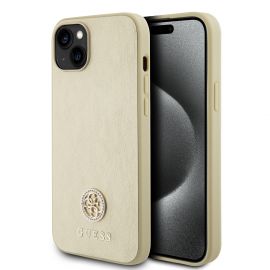 Auksinis originalus dėklas Guess PU 4G Strass Metal Logo telefonui Apple iPhone 15