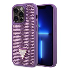 Violetinis originalus dėklas Guess Rhinestones Triangle Metal Logo telefonui Apple iPhone 15 Pro
