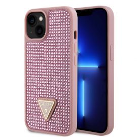 Rausvas originalus dėklas Guess Rhinestones Triangle Metal Logo telefonui Apple iPhone 15