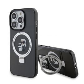Juodas dėklas Karl Lagerfeld Ringstand Karl and Choupette MagSafe telefonui Apple iPhone 15 Pro Max