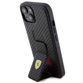 Juodas dėklas Ferrari Carbon Grip Stand telefonui Apple iPhone 15