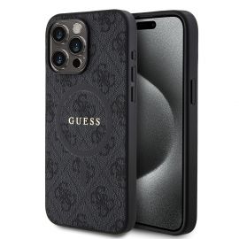 Juodas dėklas Guess PU Leather 4G Colored Ring MagSafe telefonui Apple iPhone 15 Pro Max