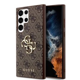 Rudas originalus dėklas Guess PU 4G Metal Logo telefonui Samsung Galaxy S24 Ultra
