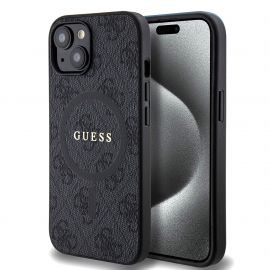 Juodas dėklas Guess PU Leather 4G Colored Ring MagSafe telefonui Apple iPhone 15