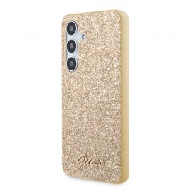 Auksinis blizgantis originalus dėklas Guess PC/TPU Glitter Flakes Metal Logo Samsung Galaxy S24 Plus
