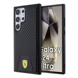 Juodas dėklas Ferrari PU Leather Bottom Carbon telefonui Samsung Galaxy S24 Ultra