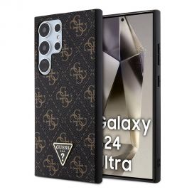 Juodas originalus dėklas Guess PU Leather 4G Triangle Metal Logo telefonui Samsung Galaxy S24 Ultra