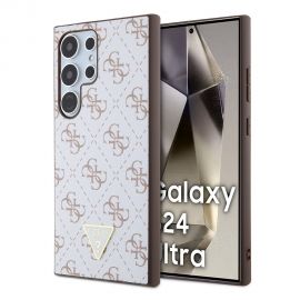 Baltas originalus dėklas Guess PU Leather 4G Triangle Metal Logo telefonui Samsung Galaxy S24 Ultra
