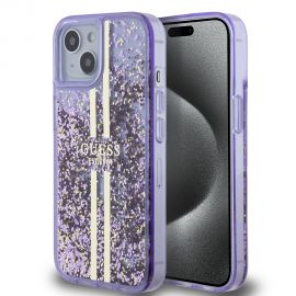 Violetinis originalus dėklas Guess PC/TPU Liquid Glitter Gold Stripe telefonui Apple iPhone 15