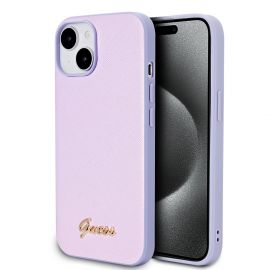 Violetinis originalus dėklas Guess PU Leather Iridescent Metal Script Logo telefonui Apple Iphone 15