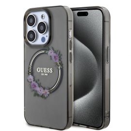 Juodas originalus dėklas Guess PC/TPU Flowers Ring Glossy Logo MagSafe telefonui Apple iPhone 14 Pro Max 