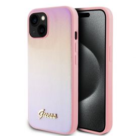 Rožinis originalus dėklas Guess PU Leather Iridescent Metal Script Logo telefonui Apple Iphone 15