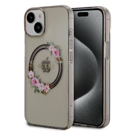 Juodas originalus dėklas Guess PC/TPU Flowers Ring Glossy Logo MagSafe telefonui Apple iPhone 14