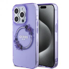 Violetinis originalus dėklas Guess PC/TPU Flowers Ring Glossy Logo MagSafe telefonui Apple iPhone 15 Pro Max