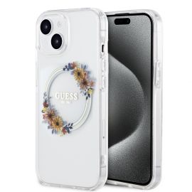 Skaidrus originalus dėklas Guess PC/TPU Flowers Ring Glossy Logo MagSafe telefonui Apple iPhone 14