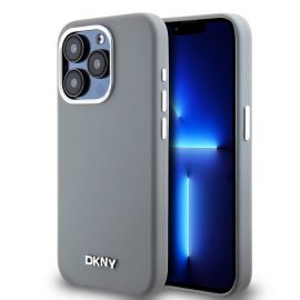 Pilkas dėklas telefonui Apple Iphone 15 Pro "DKNY Liquid Silicone Silver Metal Logo Magsafe"