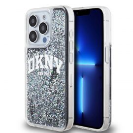 Juodas blizgantis dėklas telefonui Apple Iphone 15 Pro "DKNY Liquid Glitter Arch Logo"