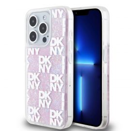 Rausvas blizgantis dėklas telefonui Apple Iphone 15 Pro "DKNY Liquid Glitter Checkered Pattern"