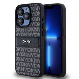 Juodas dėklas telefonui Apple Iphone 15 Pro Max "DKNY PU Leather Repeat Pattern Tonal Stripe"