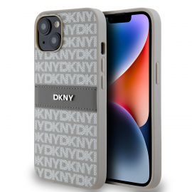 Beige dėklas telefonui Apple Iphone 14 "DKNY PU Leather Repeat Pattern Tonal Stripe"