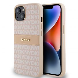 Rausvas dėklas telefonui Apple Iphone 14 "DKNY PU Leather Repeat Pattern Tonal Stripe"