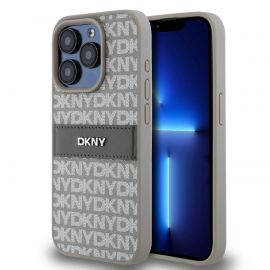 Beige dėklas telefonui Apple Iphone 15 Pro Max "DKNY PU Leather Repeat Pattern Tonal Stripe"