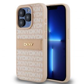 Rausvas dėklas telefonui Apple Iphone 15 Pro Max "DKNY PU Leather Repeat Pattern Tonal Stripe"