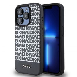 Juodas dėklas telefonui Apple Iphone 13 Pro Max "DKNY PU Leather Repeat Pattern Bottom Stripe"