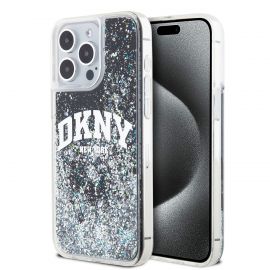 Juodas blizgantis dėklas telefonui Apple Iphone 13 Pro Max "DKNY Liquid Glitter Arch Logo"
