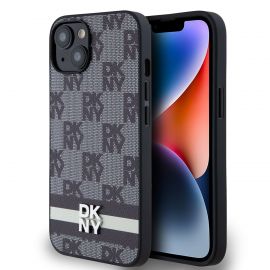 Juodas dėklas telefonui Apple Iphone 14 "DKNY PU Leather Checkered Pattern and Stripe"
