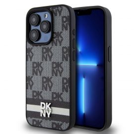 Juodas dėklas telefonui Apple Iphone 15 Pro Max "DKNY PU Leather Checkered Pattern and Stripe"