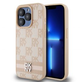 Rausvas dėklas telefonui Apple Iphone 13 Pro Max "DKNY PU Leather Checkered Pattern and Stripe"