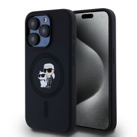 Juodas Karl Lagerfeld Liquid Silicone Karl and Choupette MagSafe telefonui Apple iPhone 15 Pro