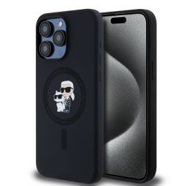 Juodas dėklas Karl Lagerfeld Liquid Silicone Karl and Choupette MagSafe telefonui Apple Iphone 15 Pro Max