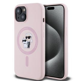 Rausvas dėklas Karl Lagerfeld Liquid Silicone Karl and Choupette MagSafe telefonui Apple Iphone 15