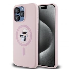 Rausvas dėklas Karl Lagerfeld Liquid Silicone Karl and Choupette MagSafe telefonui Apple Iphone 15 Pro