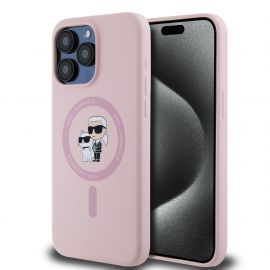 Rausvas dėklas Karl Lagerfeld Liquid Silicone Karl and Choupette MagSafe telefonui Apple Iphone 15 Pro Max