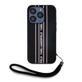 Rausvas dėklas Karl Lagerfeld PU Saffiano Athleisure Stripe and Strap telefonui Apple iPhone 15 Pro Max