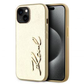 Auksinis dėklas Karl Lagerfeld Wrinkled PU Signature Logo telefonui Apple iPhone 15