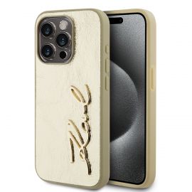 Auksinis dėklas Karl Lagerfeld Wrinkled PU Signature Logo telefonui Apple iPhone 15 Pro Max