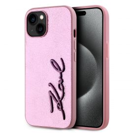Rožinis dėklas Karl Lagerfeld Wrinkled PU Signature Logo telefonui Apple iPhone 15