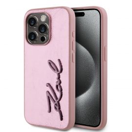 Rožinis dėklas Karl Lagerfeld Wrinkled PU Signature Logo telefonui Apple iPhone 15 Pro Max