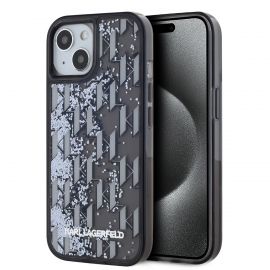 Juodas dėklas Karl Lagerfeld Liquid Glitter Monogram Gradient telefonui Apple iPhone 15