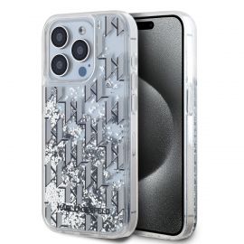 Baltas dėklas Karl Lagerfeld Liquid Glitter Monogram Gradient telefonui Apple iPhone 15 Pro Max