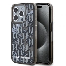 Juodas dėklas Karl Lagerfeld Liquid Glitter Monogram Gradient telefonui Apple iPhone 15 Pro Max