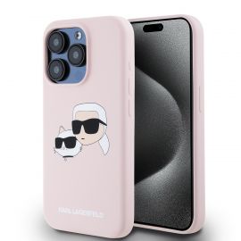 Rausvas dėklas Karl Lagerfeld Liquid Silicone Double Heads MagSafe telefonui Apple iPhone 15 Pro Max