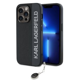 Juodas dėklas Karl Lagerfeld PU Saffiano Rhinestone Charm telefonui Apple iPhone 14 Pro