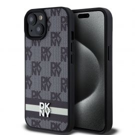 Juodas dėklas telefonui Apple Iphone 15 "DKNY PU Leather Checkered Pattern and Stripe"