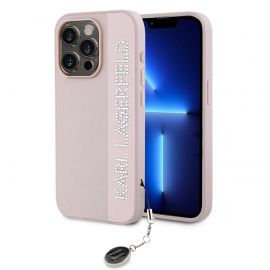 Rausvas dėklas Karl Lagerfeld PU Saffiano Rhinestone Charm telefonui Apple iPhone 15 Pro Max