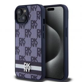 Mėlynas dėklas telefonui Apple Iphone 15 "DKNY PU Leather Checkered Pattern and Stripe"